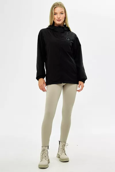 Women's Black Lined Waterproof Hooded Jacket with Pockets - Windbreaker