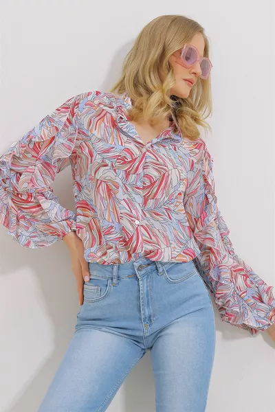 Damen Rosa Richterkragen Ärmel Schwungrad Gemustertes Chiffonhemd 