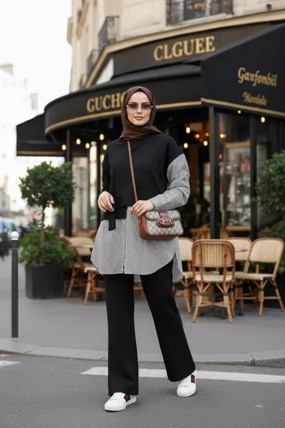 طقم نسائي محتشم لاوريس قميص طقم مزدوج أسود