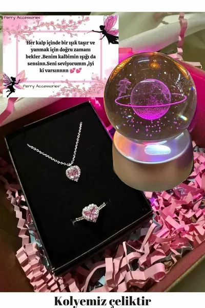 Ensemble Collier et Bague Coeur Rose en Acier Inoxydable, avec Globe de Neige 3D Saturne à LED Changeant de Couleur