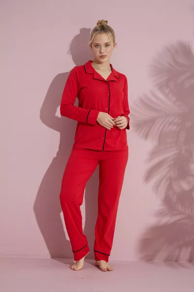 طقم بيجامة نسائي بأزرار وياقة من القطن، بأكمام طويلة وحمراء