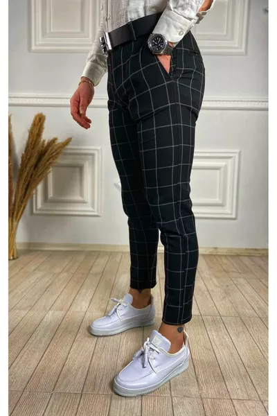 Heren Zwarte Italiaanse Snit Geruite Stoffen Broek