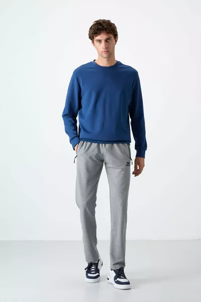 Pantalon de survêtement homme gris chiné à trois poches avec fermeture éclair, coupe slim classique - 