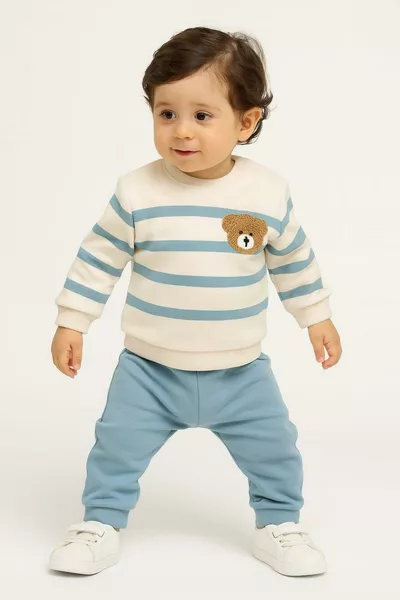 طقم بيبي بكبسة من الكتف ودببة مخططة، قطعتان (علوي وسفلي)، مناسب لجميع فصول السنة، للأعمار  شهر