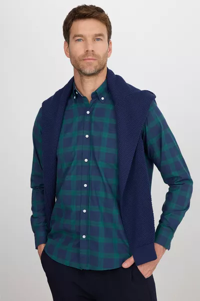 قميص رجالي بقصة كلاسيكية عادية، ياقة بأزرار، من القطن، بنقشة مربعات صغيرة باللونين الأخضر والأزرق