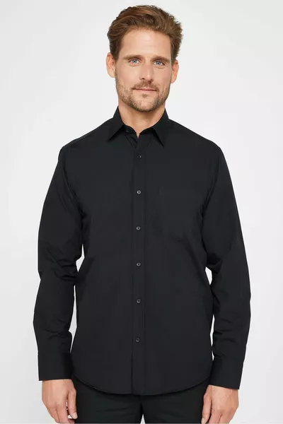 قميص رجالي أسود بسيط من القطن، بقصة كلاسيكية، قياس عادي، سهل الكي