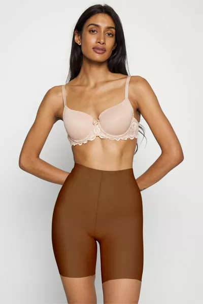 Anoky Model Naadloze Verstevigende en Strakke Laser Cut Korte Broek Corset Koffiekleur