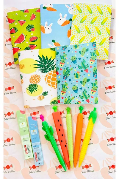 Комплект тетрадка и химикалки с 5 плодови дизайна 0.7 мм - Кактус, диня, царевица, ананас, морков (5 броя)