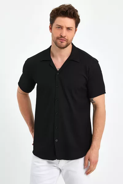 Erkek Slim Fit Kendinden Desenli Keten Apaş Yaka Kısa Kollu Gömlek 