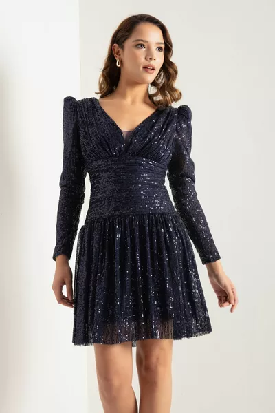 Women's Navy Blue Long Sleeve Sequin Mini Evening Dress