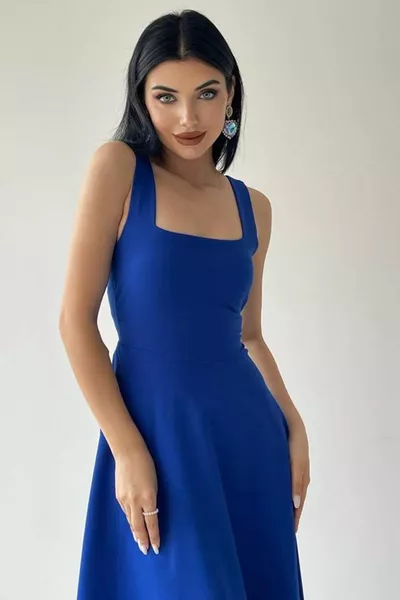 Atlas stof vierkante hals Midi lengte uitlopende gesneden Sax blauwe avondjurk graduatie jurk 