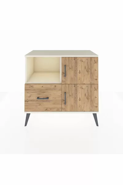 خزانة هايبرين مع رفين، درج واحد، بابان، لون حجر القمر والصنوبر