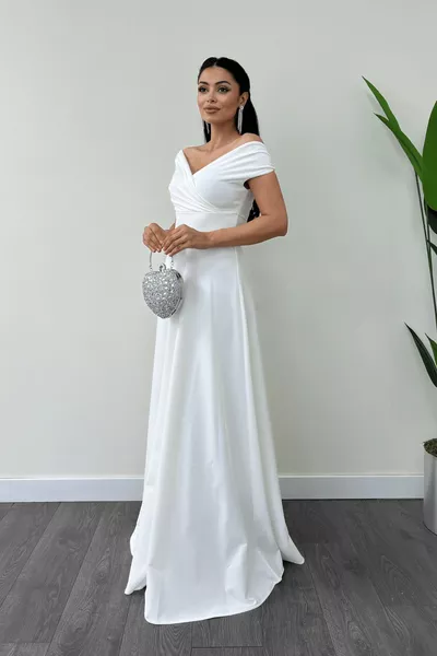 Kayık Yaka Kiloş Elbise - Beyaz