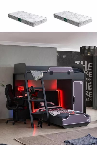 Bunk Bed Gamer Room, Gamer Bunk Bed with LED, Bed, Desk, Wardrobe, 2 Comfort Mattresses
