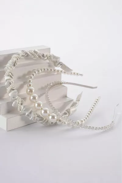 Ecru Ruched, Beaded, Pearl Crown Set