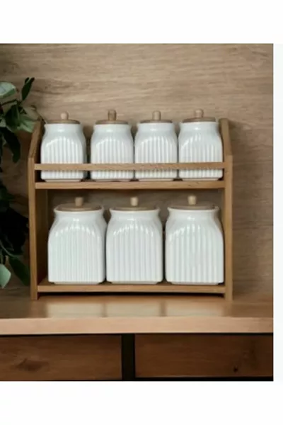 7-teiliges Porzellan-Gewürzglas-Set mit Holzständer