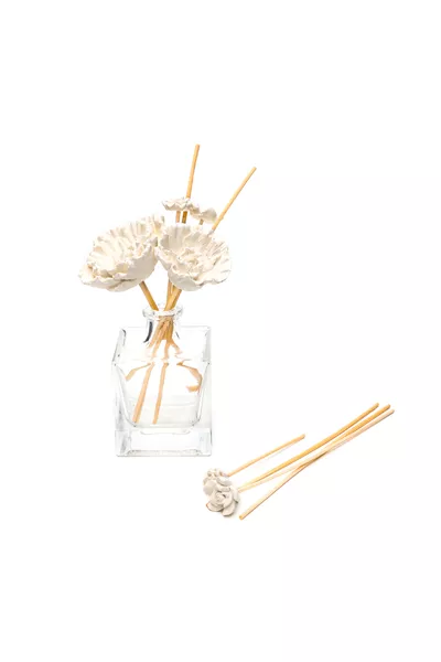 Beyaz Büyük Karışık Çiçek Taşlı 'lu Doğal Bambu Kamış Seti