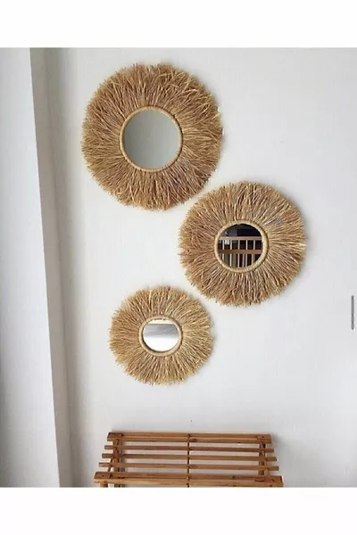 Handmade 3-Piece Mirror Raffia Wall Decor