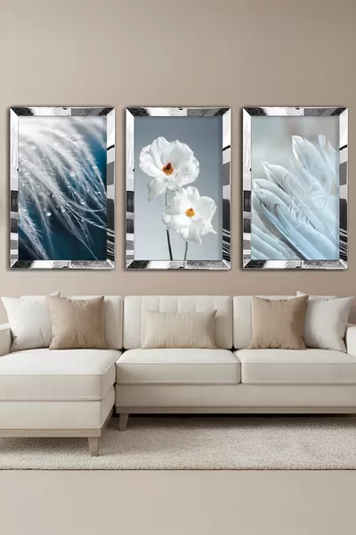 Комплект MDF картини с три рисунки, с колажна рамка от плексиглас и сребристо огледало