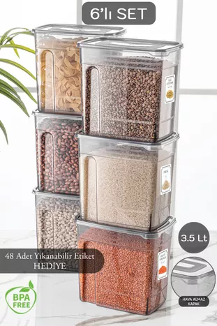 6-delige Mega 3,5 Liter Peulvruchtenpot - Gelabeld Lena Voorraadpot Bewaarcontainer