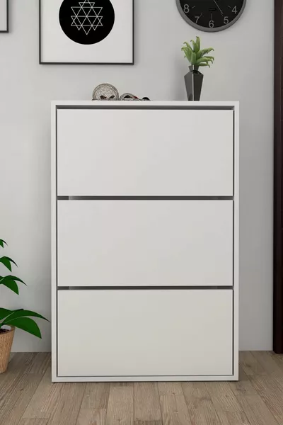 3-Door Sliding Shelf White Shoe Cabinet