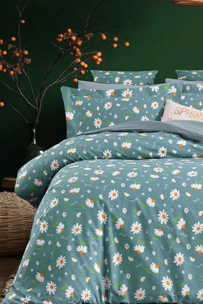 Duvet Cover Set with Fitted Sheet Double Size DAISY PETROL