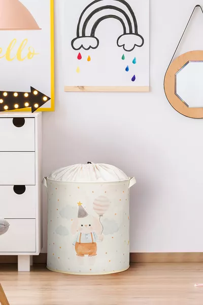 Многофункционална сгъваема кошница за играчки и пране с мрежа и принт зайче 