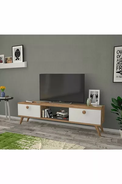 طاولة تلفاز إمري خشبية بأرجل، من خشب الصنوبر الأطلسي، لون أبيض، طول  سم