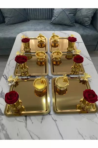 صينية تقديم مربعة من الفولاذ المذهّب 6 قطع بثلاثة موديلات مختلفة، دلو ذهبي للورود (بوردات وردية)، حامل معكرون بفراشات
