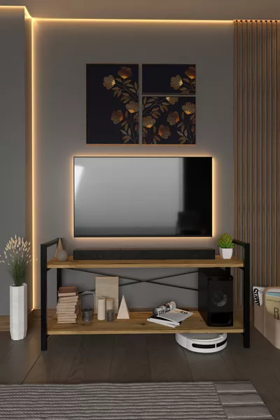 طاولة تلفاز بوحدات معدنية ورفوف، وحدة تلفاز بلون الجوز