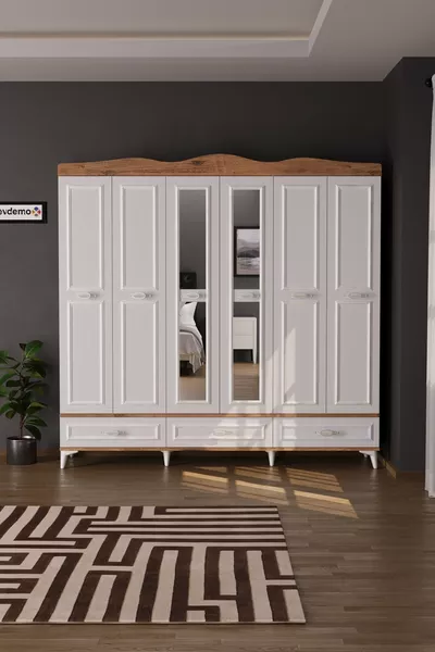 خزانة ملابس لونا 6 بأبواب  أدراج ومرآة، شجر الصنوبر الأطلسي