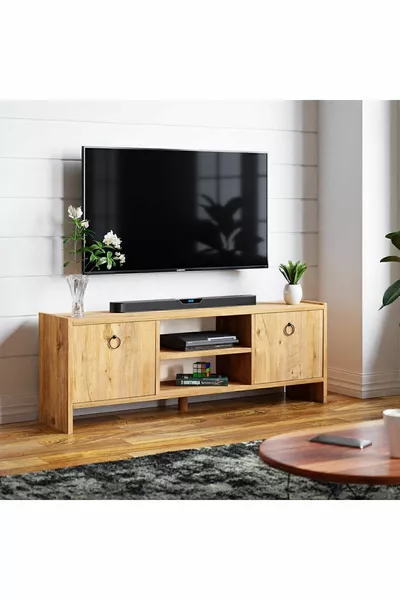 Meuble TV avec étagères et portes - Meuble télévision en pin Atlantique