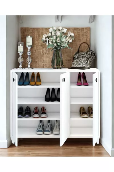 Meuble à chaussures Konak à 3 portes, armoire polyvalente à 3 portes, blanc