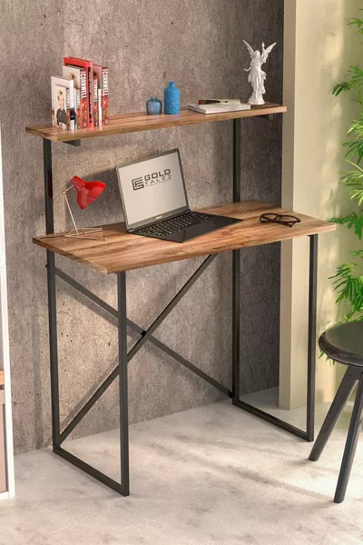 Работна маса с етажерка за книги, многофункционална офис маса от орех