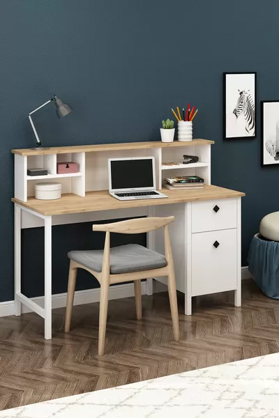 Работна маса Remy с рафт и кошница - бяла