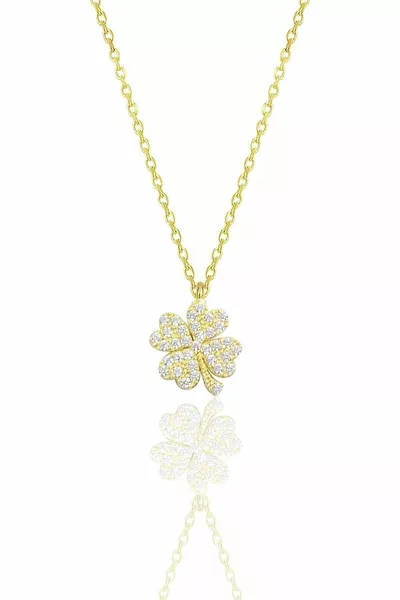 Silver Gold Gilded Four-Leaf Clover Necklace with Zircon Stones gold