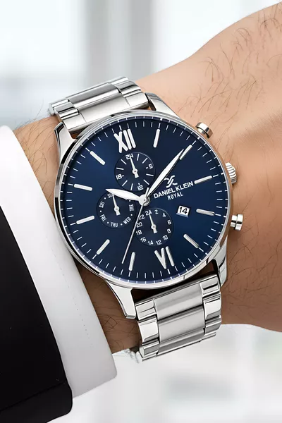 Montre pour homme avec calendrier, bracelet en acier offert, argent-bleu 