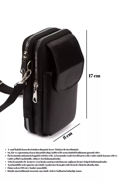 حقيبة كتف ورقبة مصنوعة من الجلد الطبيعي مع مكان للهاتف وحامل بطاقات