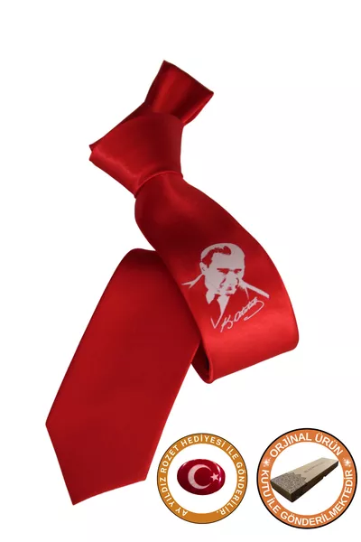Red Satin Tie with Atatürk Print