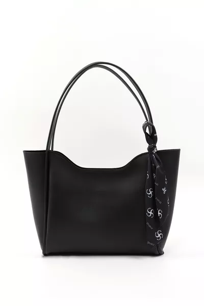 حقيبة يد وكتف وساعد سوداء  من الجلد الصناعي بسحّاب وقسم واحد مع وشاح هدية