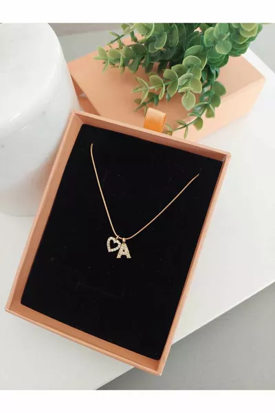 Колие със стоманена буква и камък във формата на сърце, водоустойчиво, с подаръчна кутия, минималистично, персонализирано с буквата A