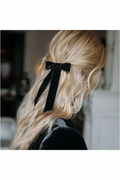 مشبك شعر قطيفة أسود للنساء مع فيونكة - قطعتان