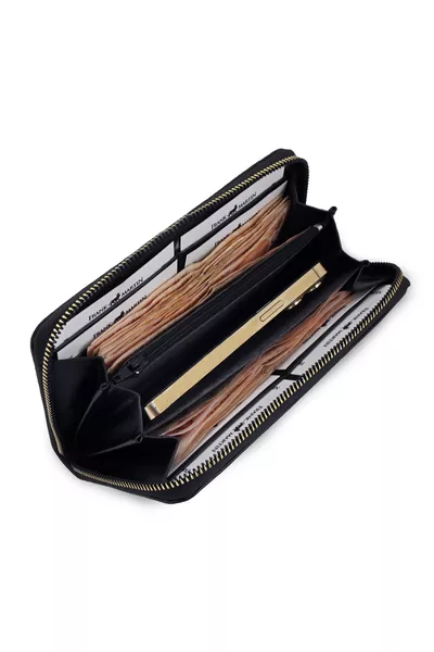 Eva Kutulu Deri Bozuk Kağıt Para Telefon Bölmeli Fermuarlı Portföy Kadın Cüzdan Siyah