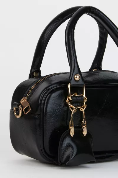 Women's Lale Black Bag with Charm Detail, Patent Leather, Zipper Closure, Handheld and Shoulder Bag