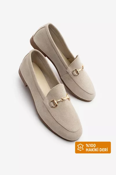 Damen Echtes Leder Loafer mit Kette, Alltagsschuh, Tan Beige Velours