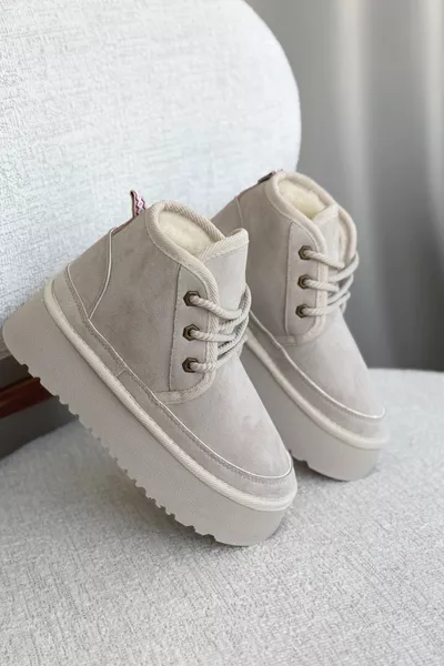 Дамски пасторски къси ботуши с кожа - Бежов велур