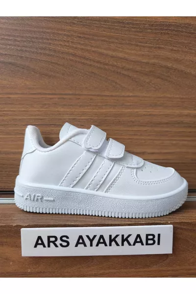 Dagelijks jongens- en meisjessneaker wit met klittenband en dubbele strepen, comfortabele lichte sportschoen