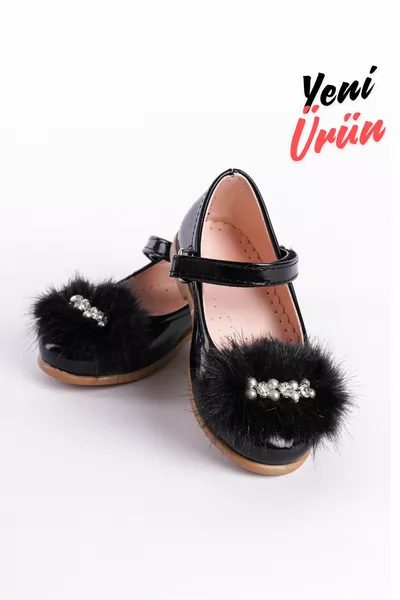 Neuer Saison Schwarzer Ballerina für Mädchen mit Fell- und Steinverzierung