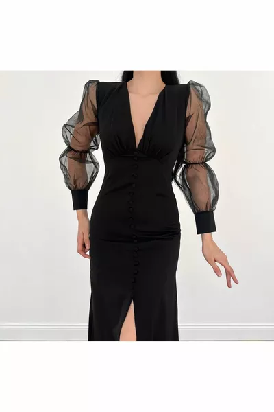 Abito da sera da donna Tulle trasparente dettaglio manica fessura frontale abbottonato abito midi abito da sera e abito da laurea