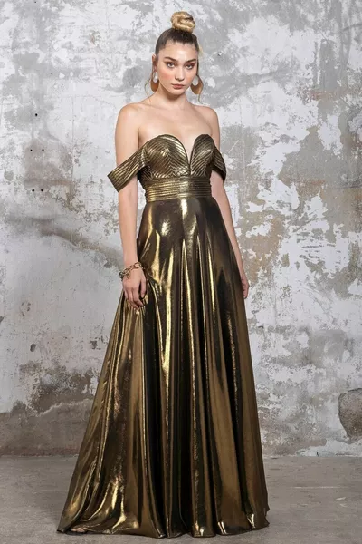Металлическое золотое платье без бретелек Maxi Anais
